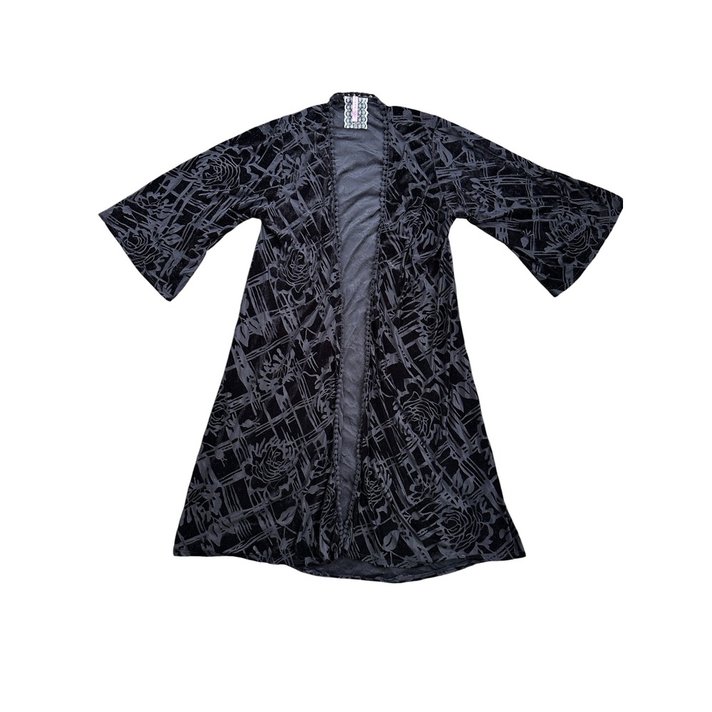 Mauve Kimono Cardigan Womens Medium Black Excellent Floral Burnout Velvet Goth